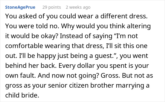 Reddit comment criticizing a woman for altering a bridesmaid dress without permission.