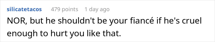 Comment discussing a fianc&eacute;'s cruel prank, cautioning against hurtful behavior in relationships.