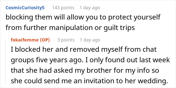 Reddit comments discussing family conflict and wedding invitation issues.