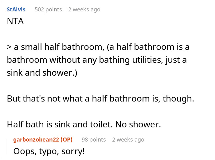 Reddit comment thread discussing the definition of a half bathroom