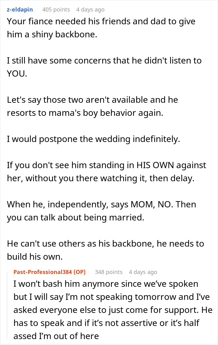 Comments discussing a fianc&eacute; asking the bride not to wear a white wedding dress for his mom's comfort.