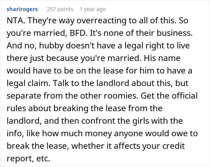 Comment discussing roommates’ reaction to woman's secret and lease issues. Comment discussing roommates’ reaction to woman's secret and lease issues.