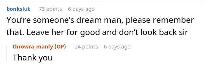 Reddit comment supporting husband, suggesting divorce after being emasculated for baking and liking Taylor Swift. Reddit comment supporting husband, suggesting divorce after being emasculated for baking and liking Taylor Swift.