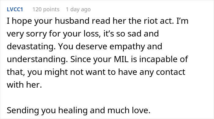 Text expressing sympathy for miscarriage and advice to avoid MIL due to insensitivity.