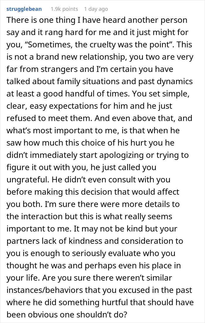 Text response to a man's surprise that upsets girlfriend, questioning his thoughtfulness.