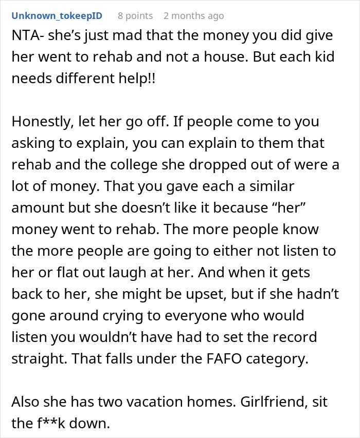 Reddit comment about a woman upset over financial help given to her brother, mentioning rehab and fairness. Reddit comment about a woman upset over financial help given to her brother, mentioning rehab and fairness.