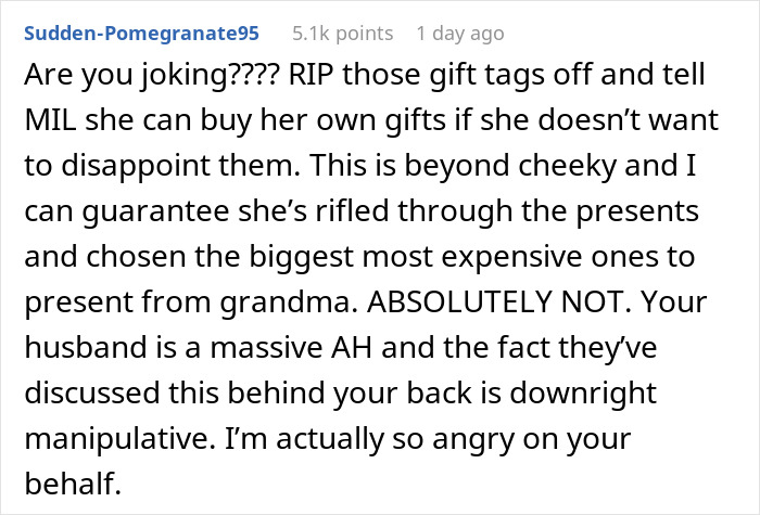 Comment reacting to MIL putting fake tags on gifts she didn't buy.