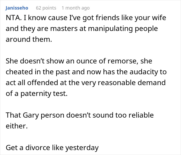 Reddit comment discussing cheating wife refusing paternity test after husband gave her a second chance. Reddit comment discussing cheating wife refusing paternity test after husband gave her a second chance.