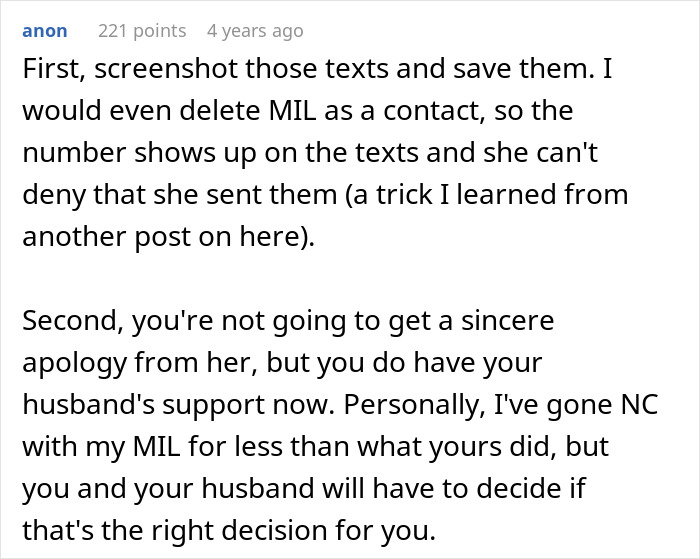Text advice on handling MIL visits, with suggestions for managing apologies and husband support.