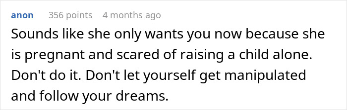 Comment screenshot about a teen refusing responsibility for a baby not his, discussing manipulation and personal dreams.