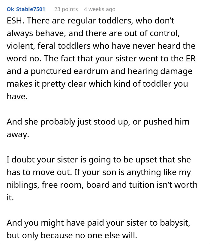 Text discussing violent toddlers, sister's refusal to pay college fees after toddler caused a concussion.