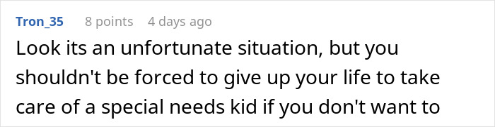 Reddit user comment on not being forced in taking care of disabled stepsister.