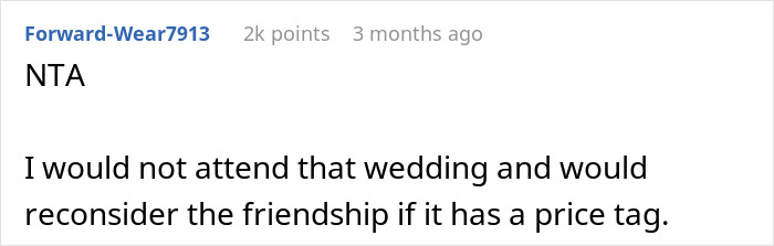 Comment on Reddit about skipping a wedding due to gift expectations, gathering 2k points.
