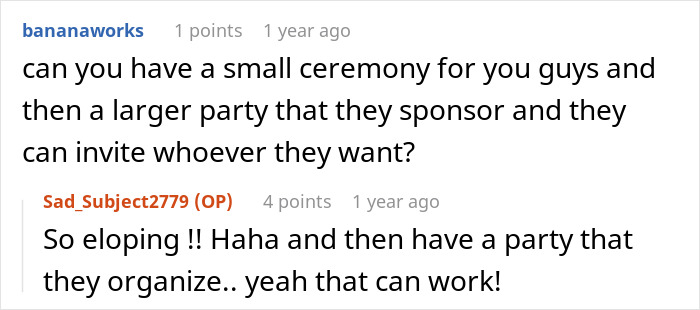 Chat discussing wedding ideas, suggesting elopement and family-organized party, related to dream wedding turned nightmare.