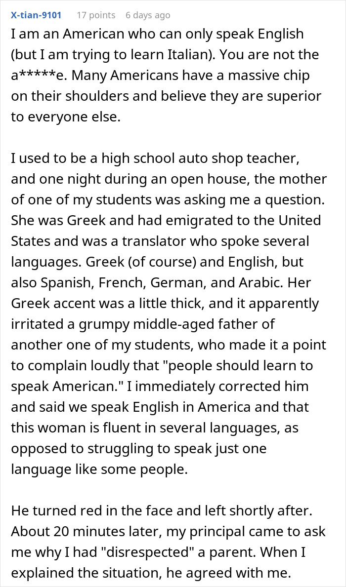 Reddit comment discussing an American mocking mispronunciation and being shamed by a teacher defending multilingualism.