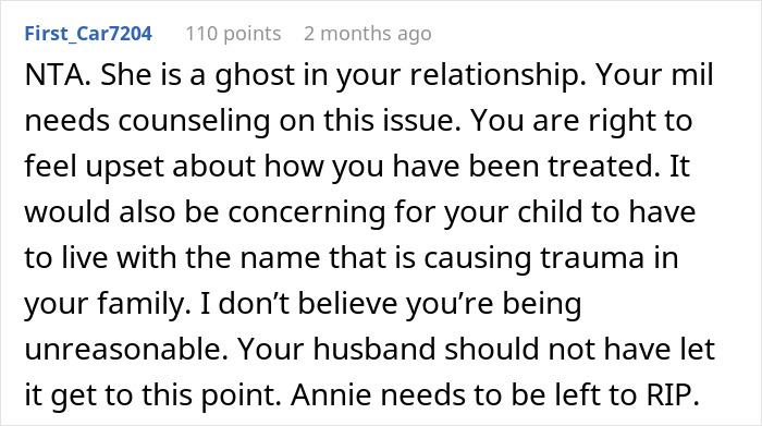 Reddit comment discussing woman's treatment by MIL regarding son's late school crush.