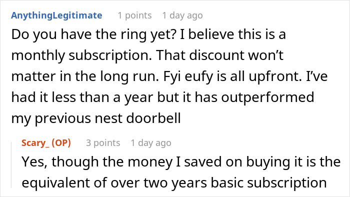 Forum discussion about subscription costs and product performance compared to a Nest doorbell.
