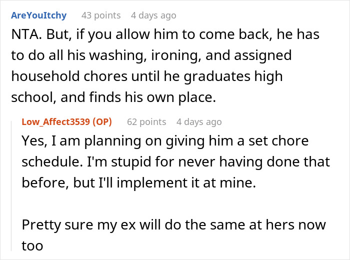 Comments discussing chores assigned to teenager and home responsibilities.