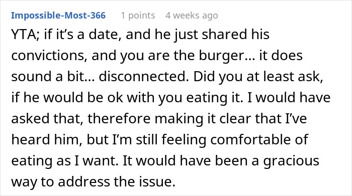 Comment discussing etiquette of ordering a meat burger on a date with a vegan, highlighting tactlessness.