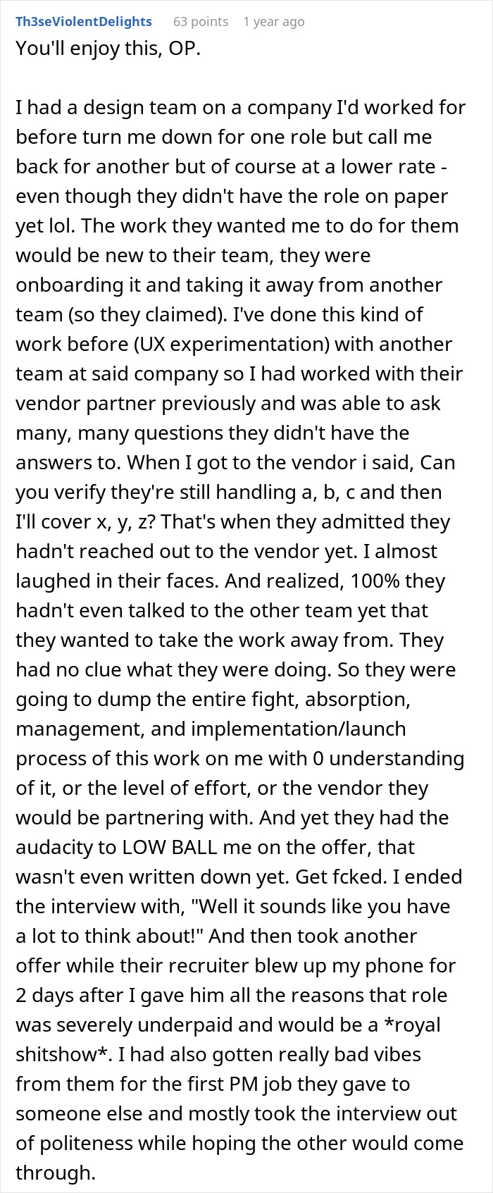 Job interview text exchange revealing unexpected expectations and salary discussion.