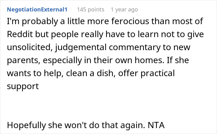 Text comment on parenting advice for new moms and family dynamics, mentioning unsolicited judgement and practical support. Text comment on parenting advice for new moms and family dynamics, mentioning unsolicited judgement and practical support.