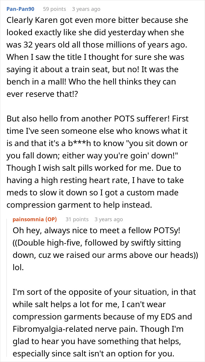 Screenshot of a Reddit conversation discussing health issues related to POTS and fibromyalgia.