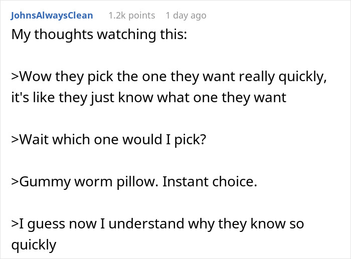 Text conversation about dogs picking gifts quickly, mentioning a gummy worm pillow as a choice.