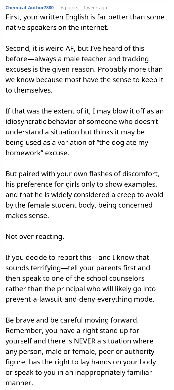 Text discussion about teacher's behavior and advice on reporting inappropriate interactions. Text discussion about teacher's behavior and advice on reporting inappropriate interactions.