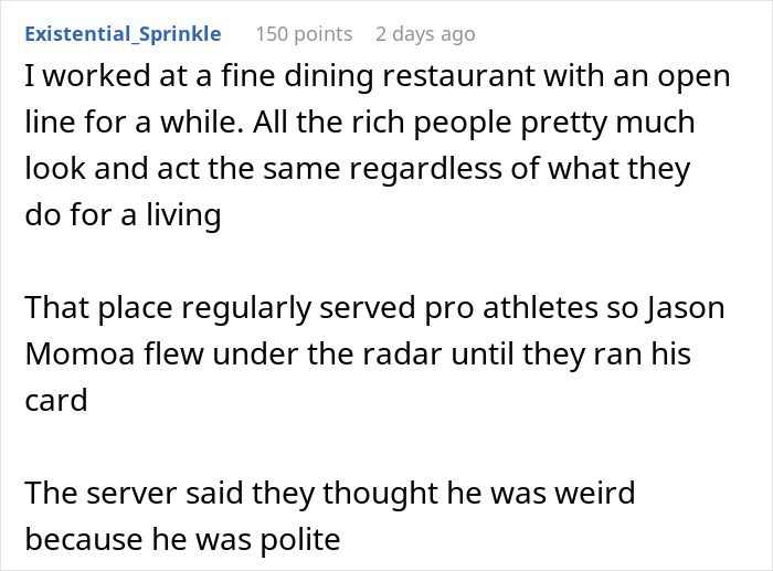 Text post sharing an experience serving a billionaire family in a fancy restaurant, mentioning pro athletes and Jason Momoa. Text post sharing an experience serving a billionaire family in a fancy restaurant, mentioning pro athletes and Jason Momoa.