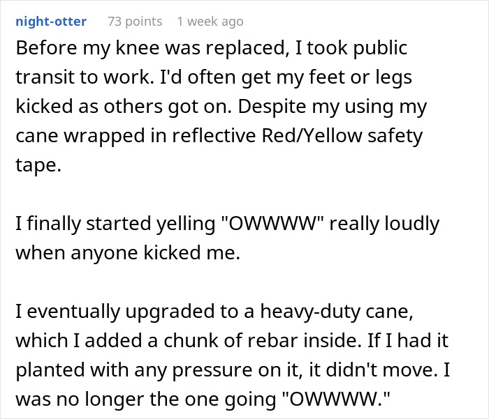 Text screenshot discussing knee replacement, public transit issues, and upgrading to a heavy-duty cane with rebar. Text screenshot discussing knee replacement, public transit issues, and upgrading to a heavy-duty cane with rebar.