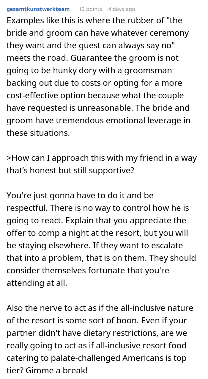 Text discussing groomsman struggles with affording a destination wedding and the pressure from the bride and groom. Text discussing groomsman struggles with affording a destination wedding and the pressure from the bride and groom.