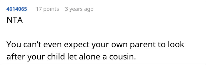 Screenshot of a comment about family babysitting dynamics and expectations.