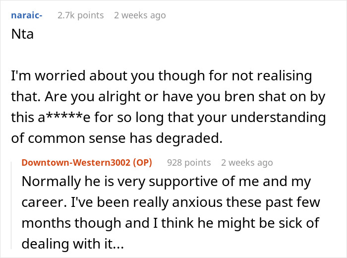 Two users discussing a woman's frustration with her husband's interruption during a critical job test.