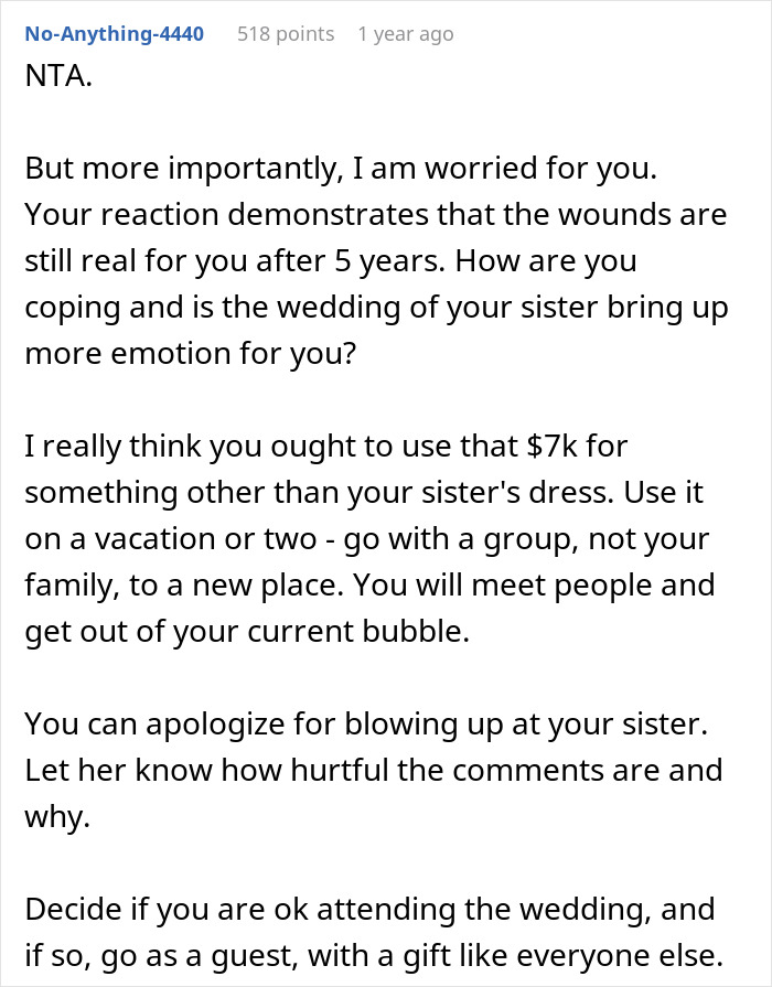 Screenshot of a Reddit comment discussing a reaction to a $7k wedding dress dispute. Screenshot of a Reddit comment discussing a reaction to a $7k wedding dress dispute.