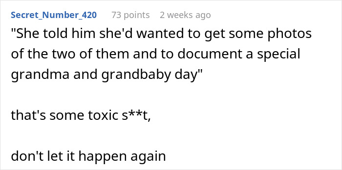 Text from online comment discussing mom's reaction to missing baby's firsts, mentioning grandparent involvement. Text from online comment discussing mom's reaction to missing baby's firsts, mentioning grandparent involvement.