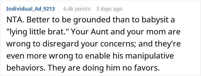 Comment discussing refusal to babysit a difficult cousin, labeled a "lying little brat.