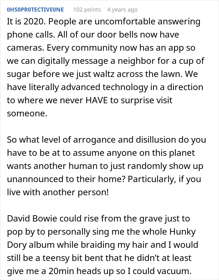 Text message expressing frustration about unannounced visits in modern times.