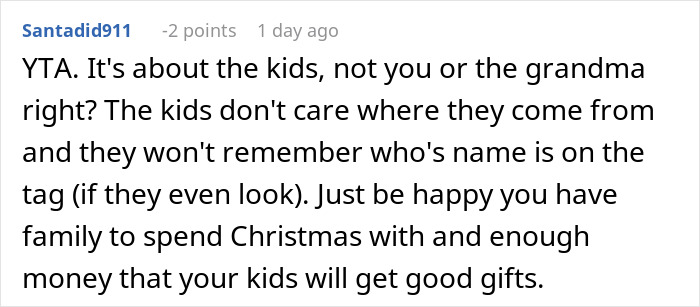 Comment discussing the importance of family over gift tags, in response to a woman upset with MIL.