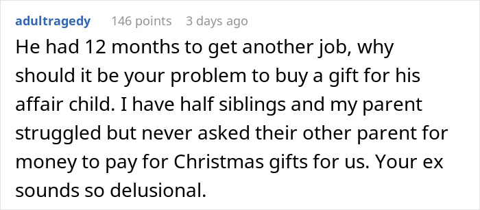Reddit comment discussing responsibility for buying a gift for an ex's affair child. Reddit comment discussing responsibility for buying a gift for an ex's affair child.
