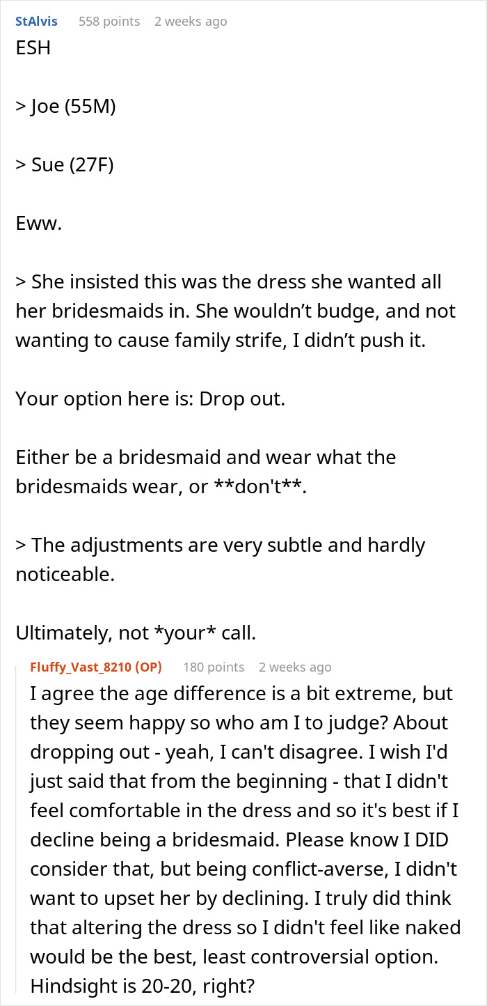 Reddit discussion about woman altering a bridesmaid dress and being banned from the wedding.