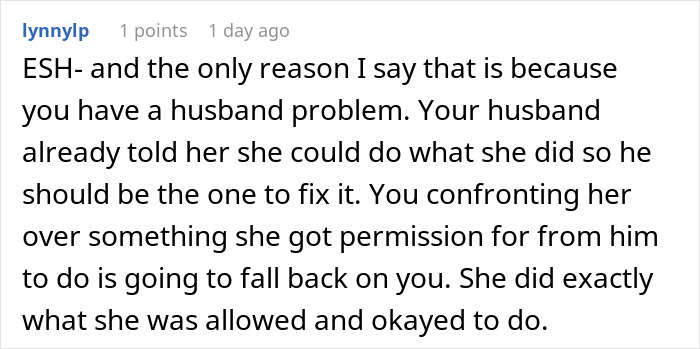 Reddit comment about handling MIL putting her tags on gifts, advising resolution through husband.