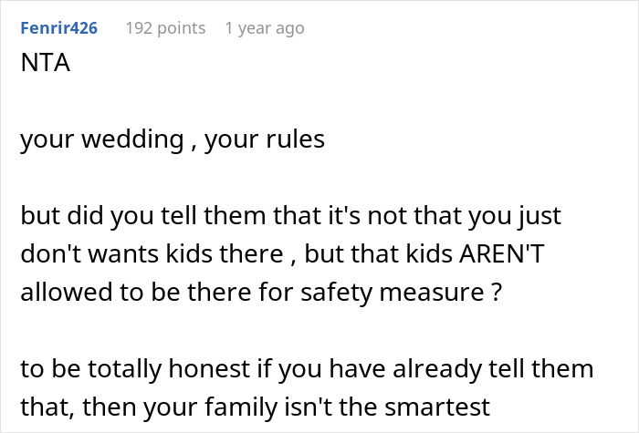 Comment discussing a wedding with kids, suggesting family disregards rules despite safety concerns.