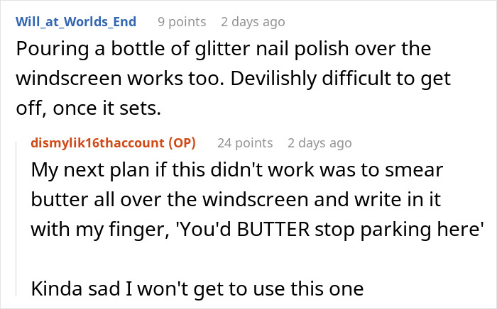 Reddit comment about using glitter nail polish to deter illegal parking.