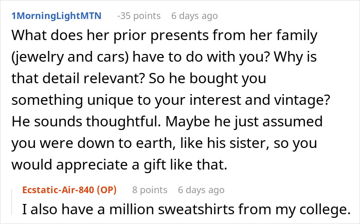 Discussion about gift-giving dynamics in family relationships, featuring comments from 1MorningLightMTN and Ecstatic-Air-840.