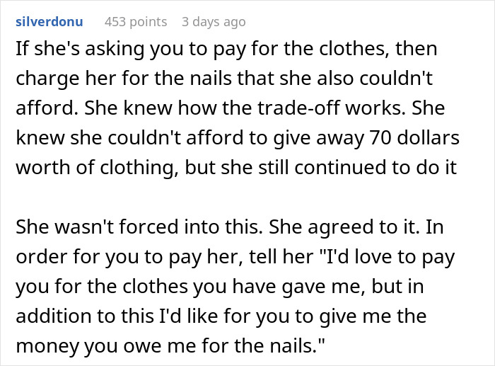 Text discussion about new girl being kicked out of a friend group over demands for payment for trading services. Text discussion about new girl being kicked out of a friend group over demands for payment for trading services.