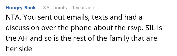 Reddit comment criticizing a family for attending a party without RSVP'ing.