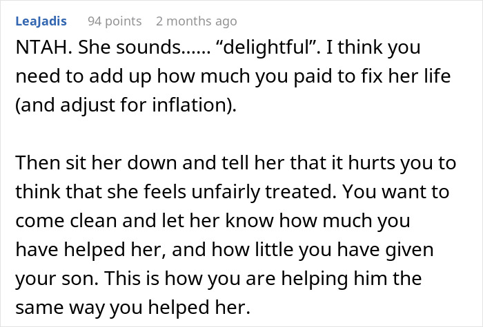 Comment expressing opinion on financial inequality between siblings and parental support. Comment expressing opinion on financial inequality between siblings and parental support.