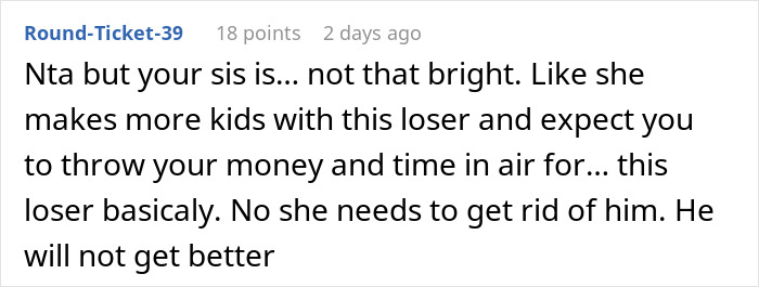 Text conversation discussing a woman's refusal to miss a flight over her brother-in-law's drunken behavior.