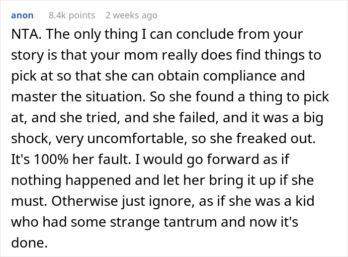 Comment discussing controlling MIL and son-in-law's habits