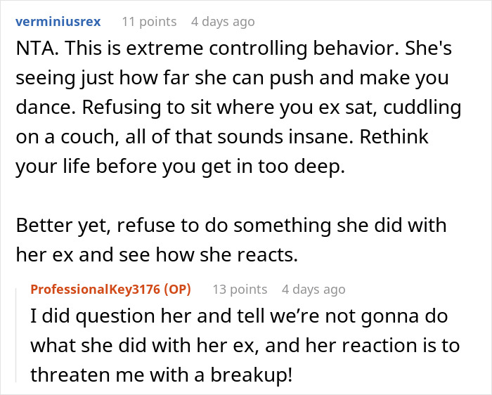 Reddit discussion about a fiance demanding to sell a car because an ex sat in it. Reddit discussion about a fiance demanding to sell a car because an ex sat in it.